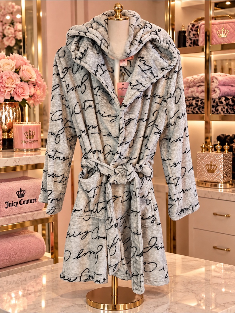Juicy Couture L/XL Gray Script Plush Hooded Bathrobe